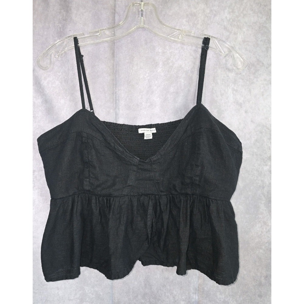 American Eagle Black Linen Smocked Babydoll Cropped Top Size XL Spaghetti Strap